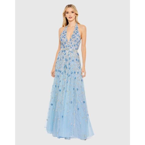 Mac Duggal Women's Floral Embellished Halter Backless A Line Gown Size 10 NWT - Picture 2 of 11